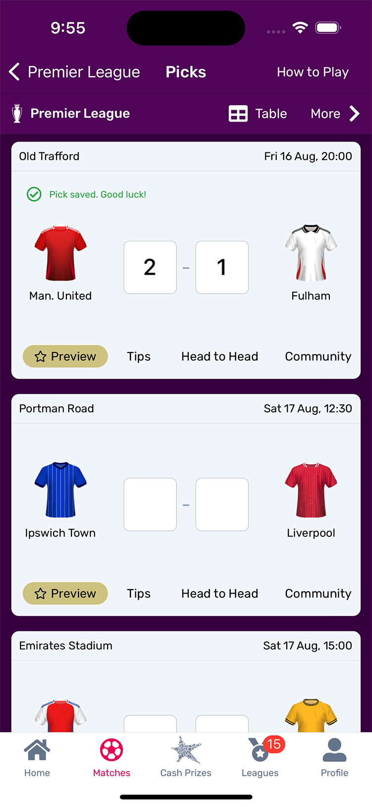 Making predictions in Superbru's Premier League Predictor game