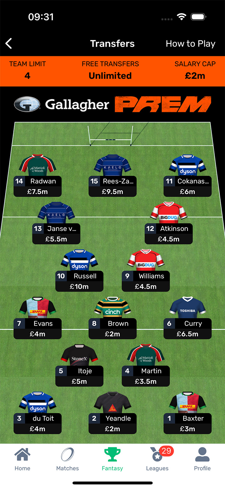 Select your squad of 23 in Official PREM Rugby Fantasy