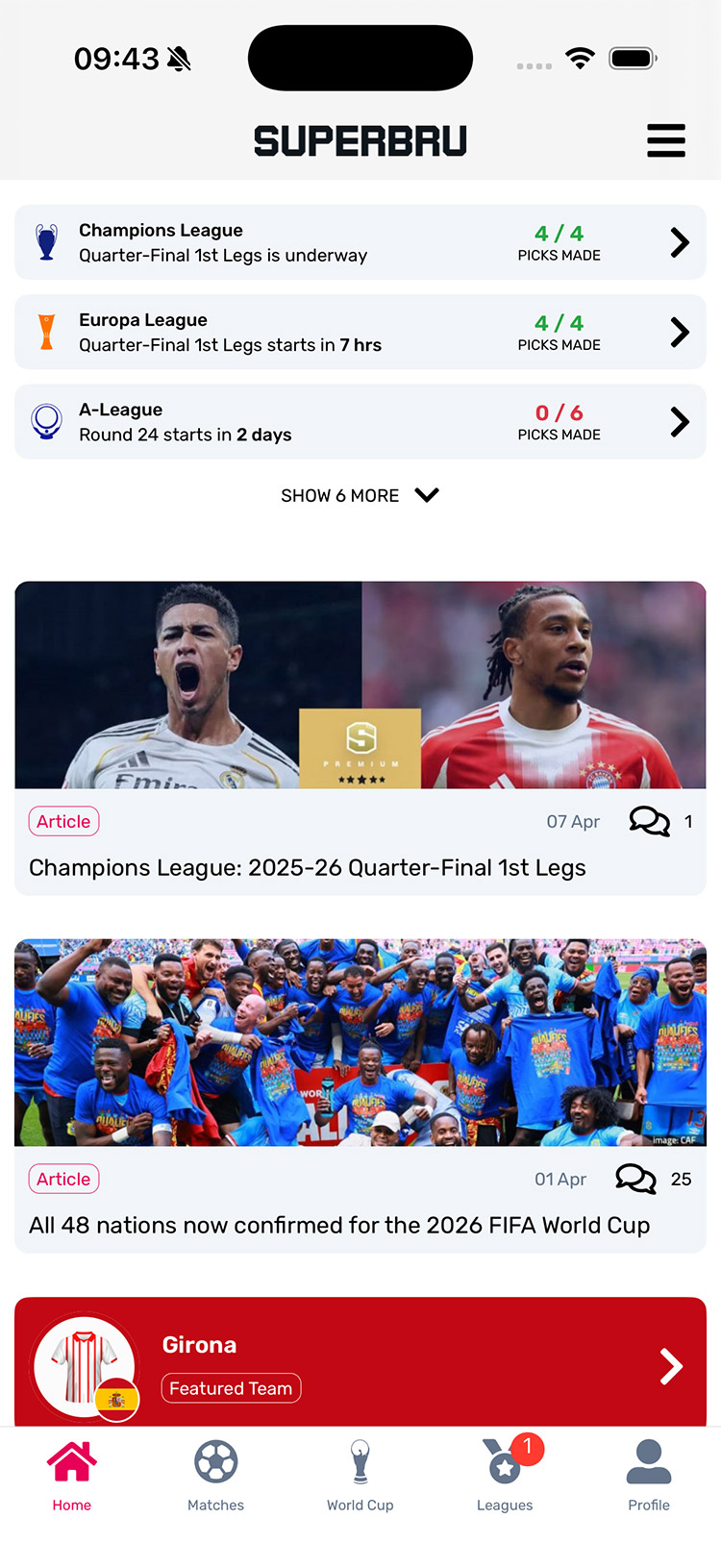 Superbru Football home screen